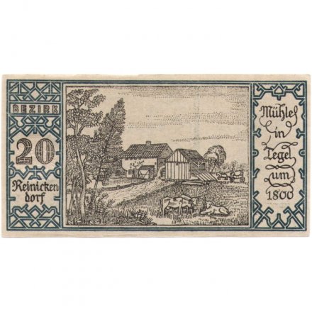Германия (нотгельд) 50 пфеннигов 1921 год - Серия &quot;Районы Берлина&quot;. Райниккендорф. Мельница в Тегеле около 1800 г. (вид 20) - aUNC