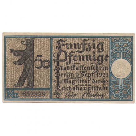 Германия (нотгельд) 50 пфеннигов 1921 год - Серия &quot;Районы Берлина&quot;. Райниккендорф. Мельница в Тегеле около 1800 г. (вид 20) - aUNC