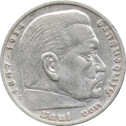 Третий Рейх 5 рейхсмарок 1936 год (Орел без свастики, E)