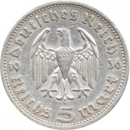 Третий Рейх 5 рейхсмарок 1936 год (Орел без свастики, E)