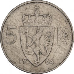 Норвегия 5 крон 1964 год - Король Улаф V