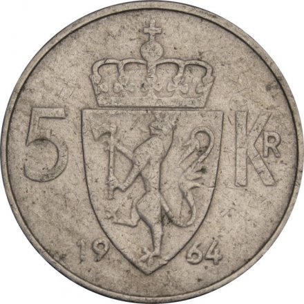 Норвегия 5 крон 1964 год - Король Улаф V