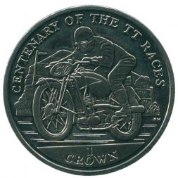 Остров Мэн 1 крона 2007 год - 100 лет Мотогонкам "Tourist Trophy" (ретро мотоцикл едет влево)