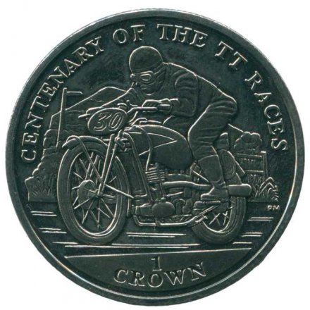 Остров Мэн 1 крона 2007 год - 100 лет Мотогонкам &quot;Tourist Trophy&quot; (ретро мотоцикл едет влево)