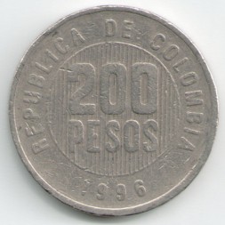 Монета Колумбия 200 песо 1996 год