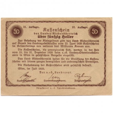 Австрия (нотгельд)  50 геллеров 1920 год - XF