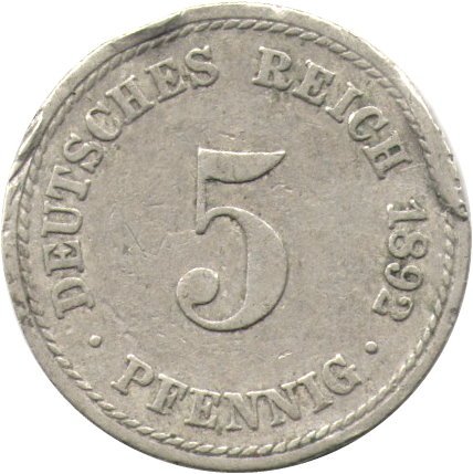 Германия 5 пфеннигов 1892 год (A) - F