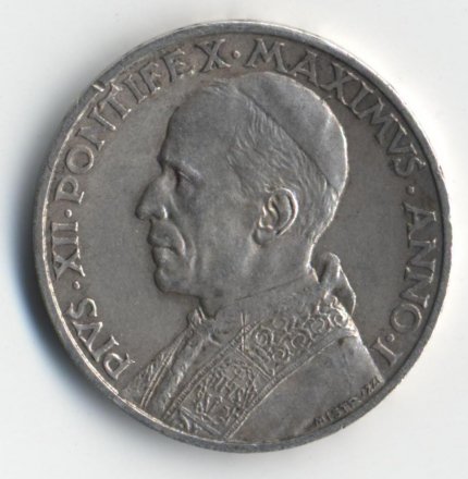 Ватикан 5 лир 1939 год Папа Пий XII