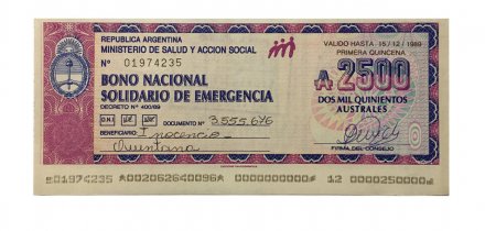Чек Аргентина 2500 аустралей 1989 год - Emergency Note - AU