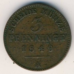 Пруссия 3 пфеннинга 1849 год