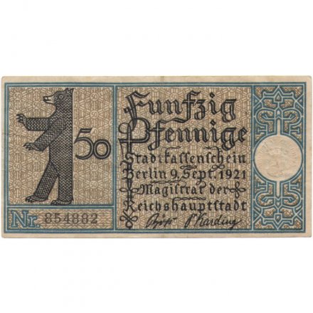 Германия (нотгельд) 50 пфеннигов 1921 год - Серия &quot;Районы Берлина&quot;.  Бывшая церковь Штеглица (вид 12) - VF