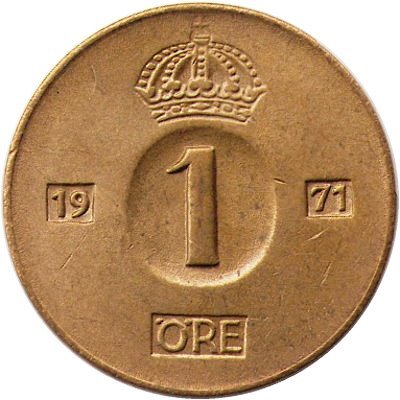 Швеция 1 эре 1971 год - Король Густав VI Адольф