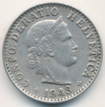 Швейцария 20 раппенов 1943 год