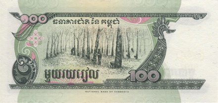 Камбоджа 100 риелей 1998 год - Монумент независимости. Сруб каучуковых деревьев