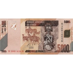 Конго (Демократическая республика) 5000 франков 2013 год - Статуэтка Хемба, Конголезские павлины