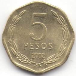 Чили 5 песо 2002 год (отметка монетного двора: "So")