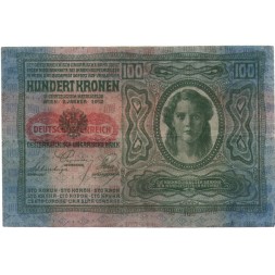 Австро-Венгрия 100 крон 1912 год - горизонтальная красная надпечатка - VF