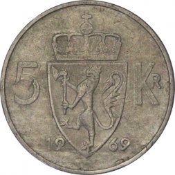Норвегия 5 крон 1969 год - Король Улаф V