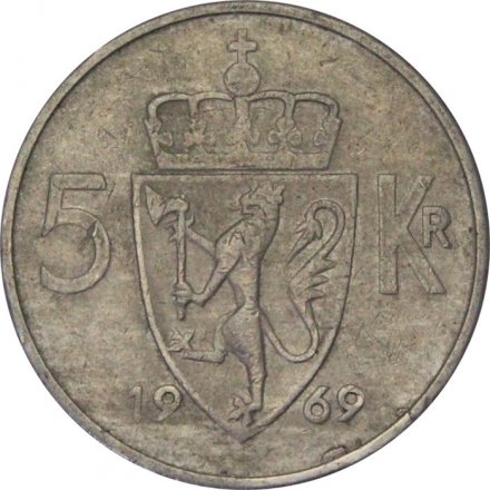 Норвегия 5 крон 1969 год - Король Улаф V