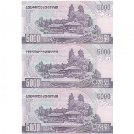 Северная Корея 5000 вон 2006 год (из 3-х банкнот, не разрезаны) - Ким Ир Сен. Дом музей в Мангёндэ UNC
