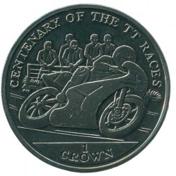 Остров Мэн 1 крона 2007 год - 100 лет Мотогонкам "Tourist Trophy" (мотоцикл входит в поворот)