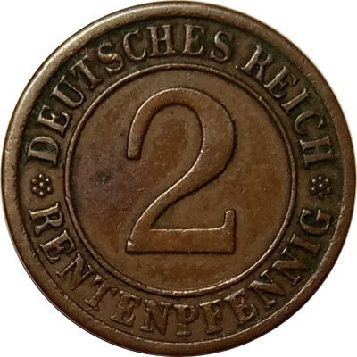 Веймарская республика 2 рентенпфеннига 1924 год (F)