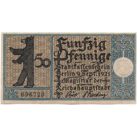 Германия (нотгельд) 50 пфеннигов 1921 год - Серия &quot;Районы Берлина&quot;. Деревня Шенеберг около 1820 г. (вид 11) - XF