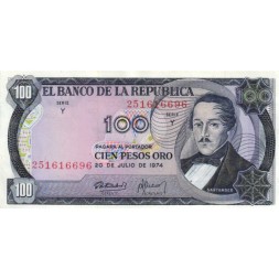 Колумбия 100 песо 1974 год - Генерал Франсиско де Паула Сантандер UNC