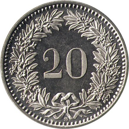 Швейцария 20 раппенов 2016 год