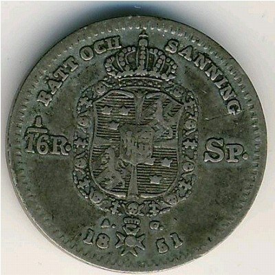 Швеция 1/16 риксдалера 1851 год