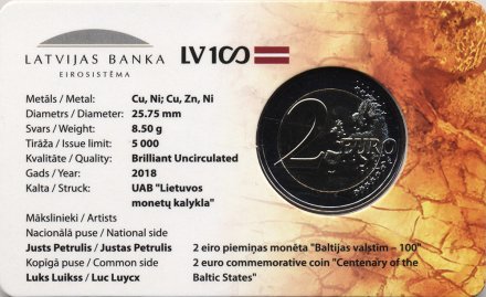 Латвия 2 евро 2018 год - 100 лет независимости прибалтийских государств (в коинкарте)