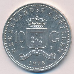 Монета Антильские острова 10 гульденов 1978 год - 150 лет банку Нидерландских Антилл