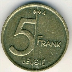 Бельгия 5 франков 1994 год BELGIE
