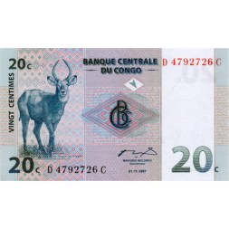 Конго 20 сентимо 1997 год - Водяной козёл. Национальный парк Упемба UNC