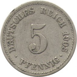 Германия 5 пфеннигов 1908 год (F)