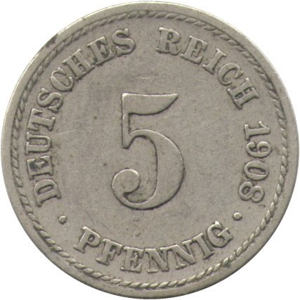 Германия 5 пфеннигов 1908 год (F)