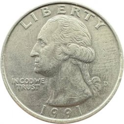 США 25 центов (1/4 доллара) 1991 год - Джордж Вашингтон (D)