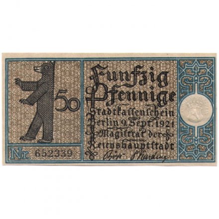 Германия (нотгельд) 50 пфеннигов 1921 год - Серия &quot;Районы Берлина&quot;. Усадьба в Панкове около 1770 г. (вид 19) - UNC