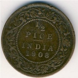 Британская Индия 1/2 пайса 1908 год