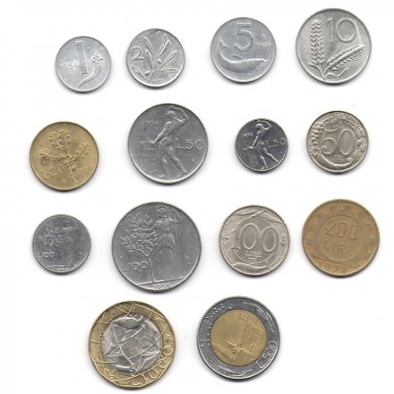 Набор из 14 монет Италия 1951- 2001 год