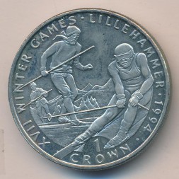 Монета Гибралтар 1 крона 1993 год - XVII Зимние олимпийские игры, Лиллехаммер 1994. Лыжные гонки