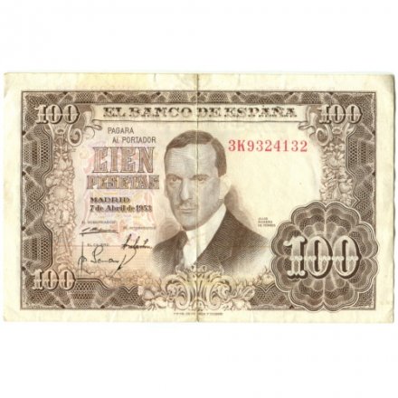 Испания 100 песет 1953 год - Портрет Хулио Ромеро де Торреса - VF