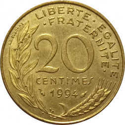 Франция 20 сантимов 1994 год ("Дельфин" справа от года)