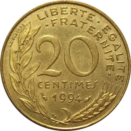 Франция 20 сантимов 1994 год (&quot;Дельфин&quot; справа от года)