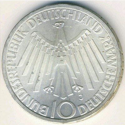 ФРГ 10 марок 1972 год - Эмблема &quot;In Deutschland&quot; (J)