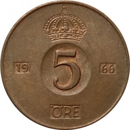 Швеция 5 эре 1966 год - Король Густав VI Адольф