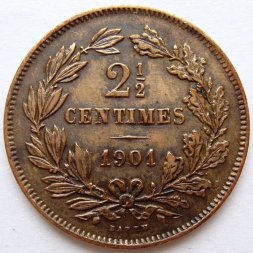 Люксембург 2 1/2 сантима 1901 год (надпись "BAPTH" на реверсе)