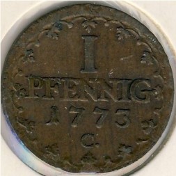 Монета Саксония 1 пфенниг 1773 год
