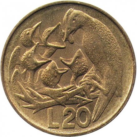 Сан-Марино 20 лир 1975 год - Любовь у животных. Хохлатый жаворонок. ФАО