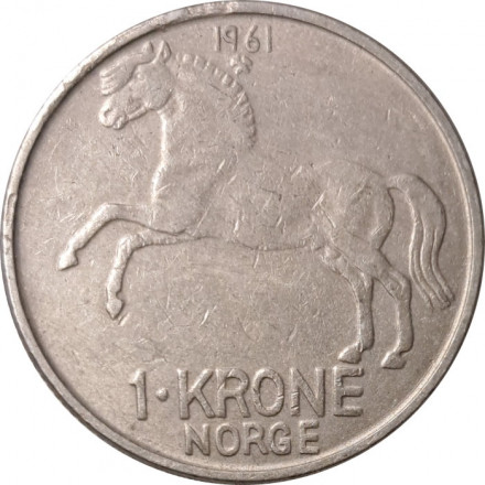 Норвегия 1 крона 1961 год - Улаф V. Лошадь